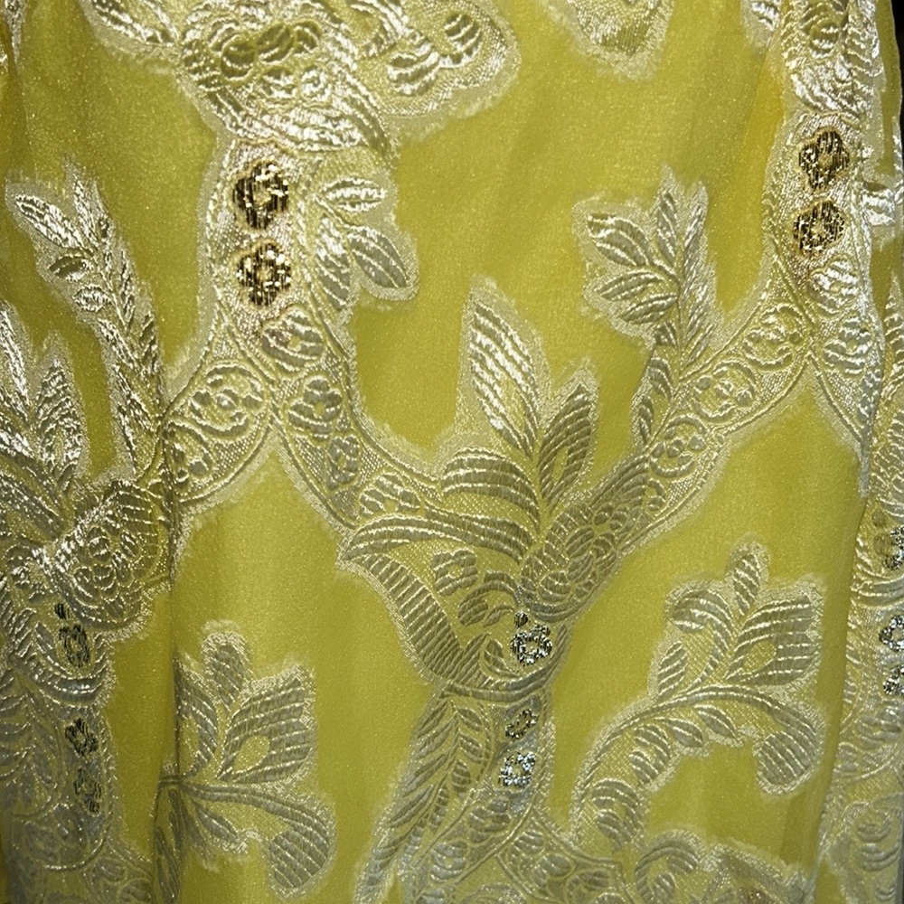 Vintage Handmade Yellow Metallic Gold Silver Floral Jacquard Maxi Dress Gown  XS - Picture 9 of 9